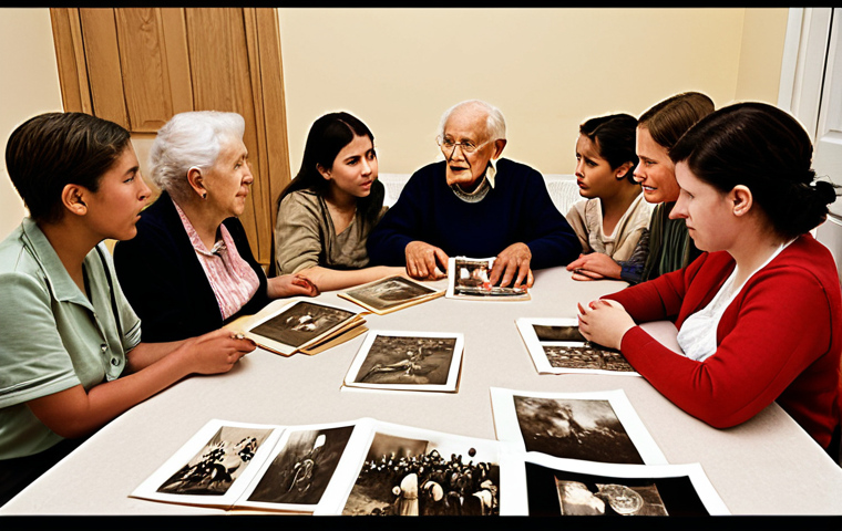 **Image Prompt for Personal Perspectives on History**:
"A warm, intimate scene depicting a diverse group of people engaged in storytelling, with an elderly person sharing personal memories of historical events. The background should include elements representing different eras, such as photographs of wars, migration, and everyday life. Capture the emotions of empathy and connection among the listeners."